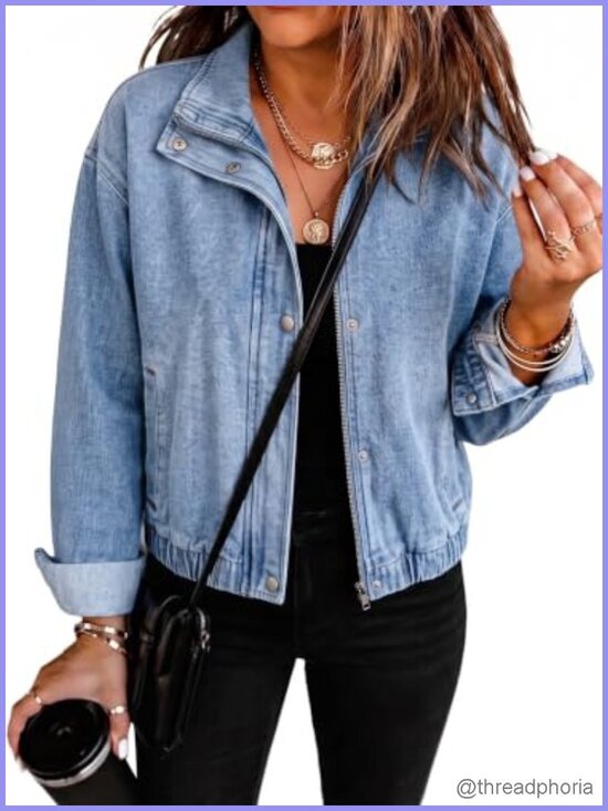 Jackets & Blazers - Womens Cropped Oversized Denim Bomber Jacket Zip Up Stand Collar